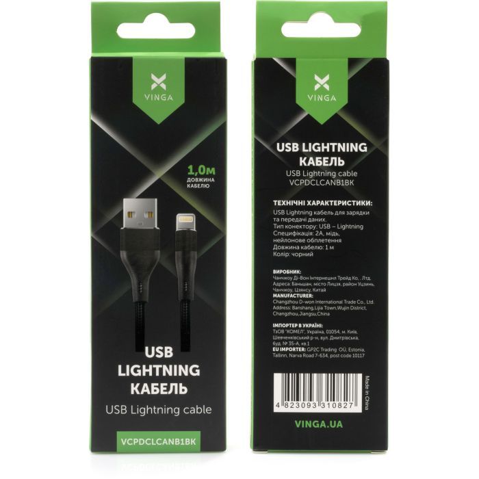 Дата кабель USB 2.0 AM to Lightning 1.0m cylindric nylon back Vinga (VCPDCLCANB1BK) зображення 4