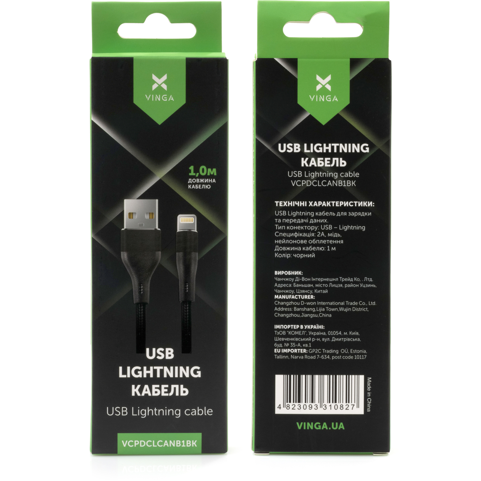 Дата кабель USB 2.0 AM to Lightning 1.0m cylindric nylon back Vinga (VCPDCLCANB1BK) изображение 4
