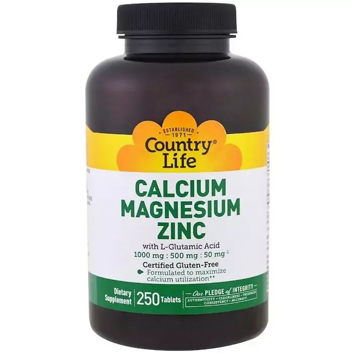 Минералы Country Life Кальций, Магний и Цинк с L-Глютамином, Calcium Magnesium Zyn (CLF-02604)