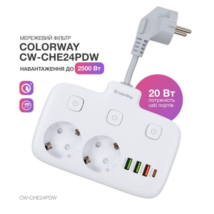 Сетевой фильтр питания ColorWay CW-CHE24PDW 2 розетки/4USB (CW-CHE24PDW) изображение 7