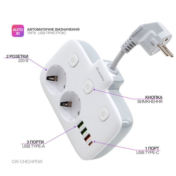 Сетевой фильтр питания ColorWay CW-CHE24PDW 2 розетки/4USB (CW-CHE24PDW) изображение 9
