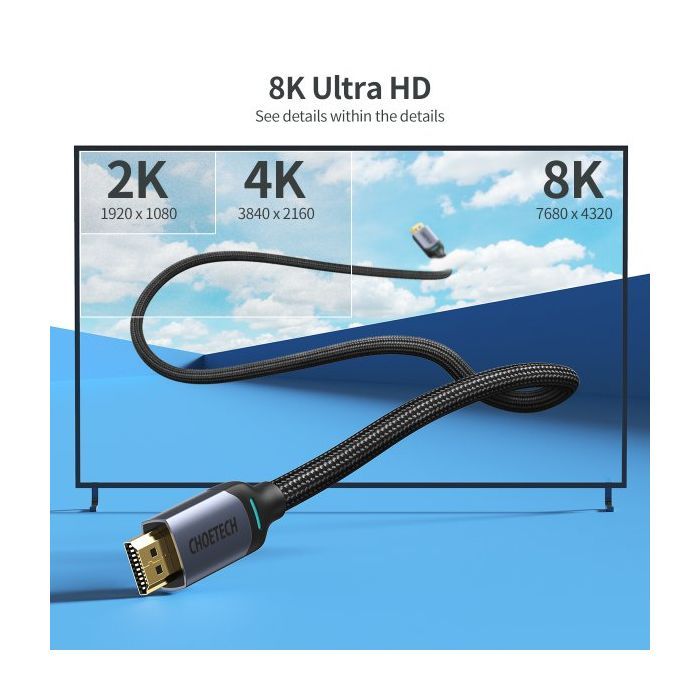 Кабель мультимедийный HDMI to HDMI 2.0m V.2.1 8K 60Hz HDR10 HLG 48Gbps YUV 444 Choetech (XHH01-BK) изображение 3