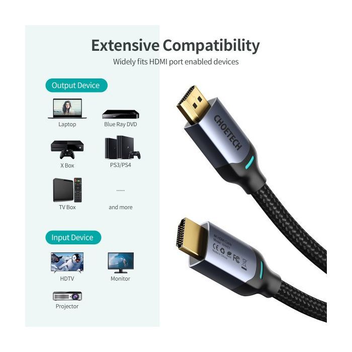 Кабель мультимедийный HDMI to HDMI 2.0m V.2.1 8K 60Hz HDR10 HLG 48Gbps YUV 444 Choetech (XHH01-BK) изображение 5