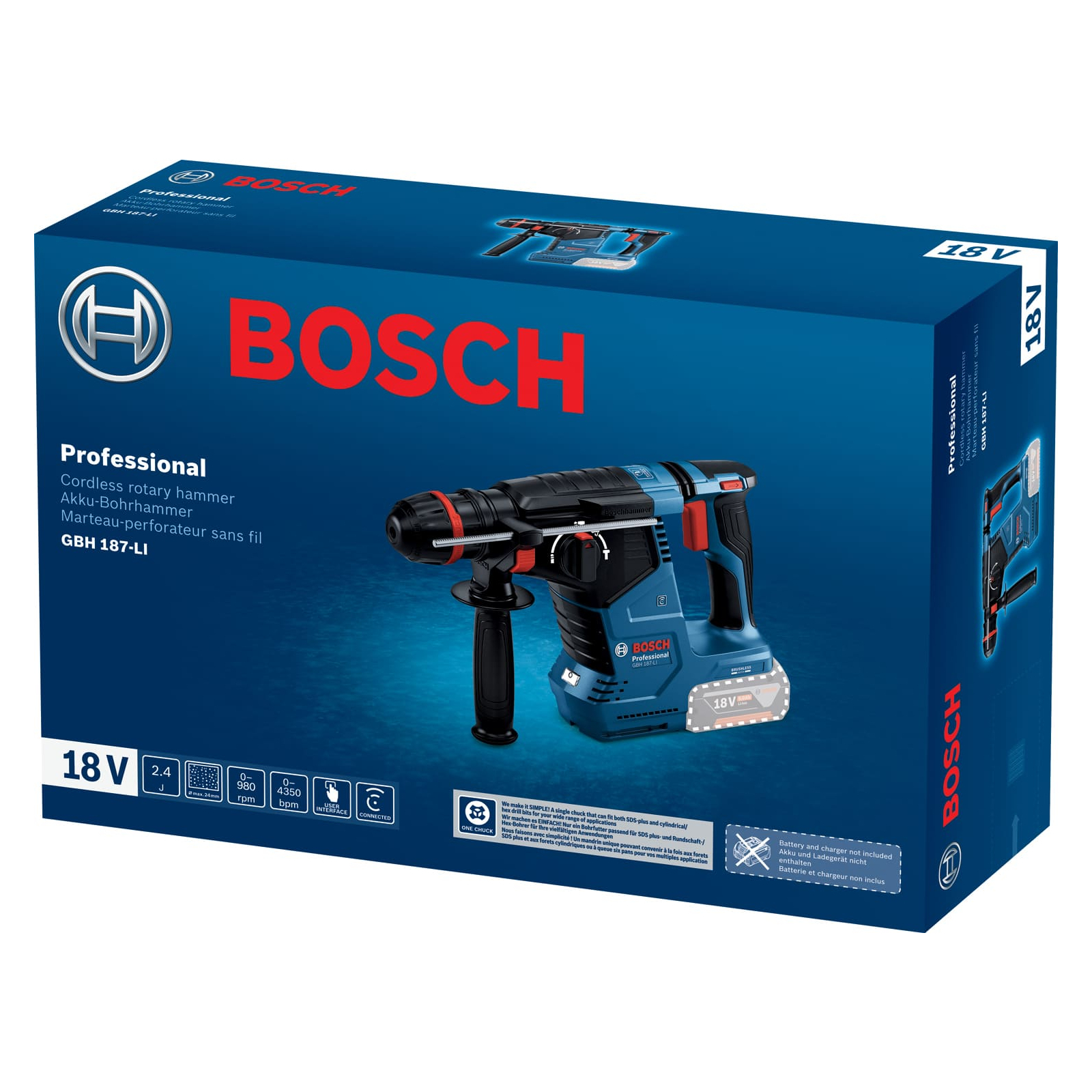 Перфоратор Bosch GBH 187-LI, патрон SDS-plus 24мм, 18В, 2.4Дж, 980об/хв (без АКБ та ЗП) (0.611.923.120) зображення 10