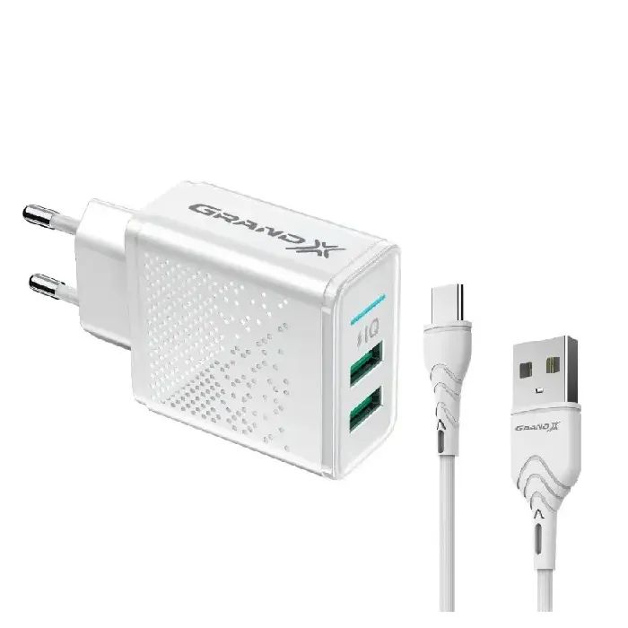 Зарядний пристрій Grand-X CH-60WT 2USB 5V 3.1A + USB-C cable (CH-60WT)