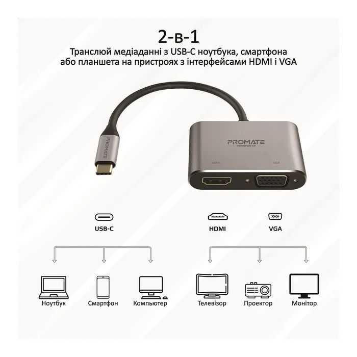 Переходник USB-C to HDMI/VGA mediahub-c2.grey Promate (mediahub-c2.grey) изображение 3