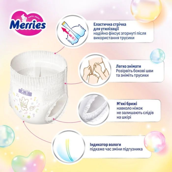 Подгузники Merries розмір M (6-11 кг) трусики 62 шт (4901301442949) изображение 12