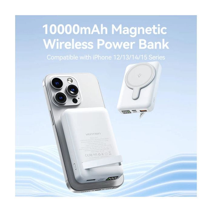 Батарея універсальна Vention Magnetic Wireless 10000mAh 22.5W 3A, PD, QC/3.0, USB-C, Lightning, LED Display, Black (FHTB0) зображення 3