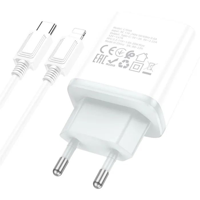 Зарядное устройство HOCO C104A USB-C PD20W + cable USB-C to Lightning white (6931474782908) изображение 4