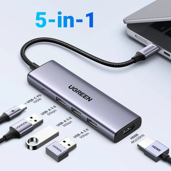 Концентратор Ugreen USB-C to HDMI + 3xUSB 3.0 + PD CM511 gray (15596) зображення 4 Концентратор Ugreen USB-C to HDMI + 3xUSB 3.0 + PD CM511 gray (15596) зображення 4