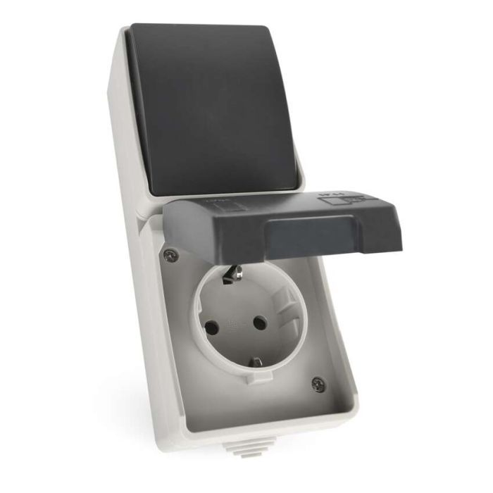 Розетка EMOS + вимикач прохідний вертикальний зовнішній сірий IP44 (A1396.4)