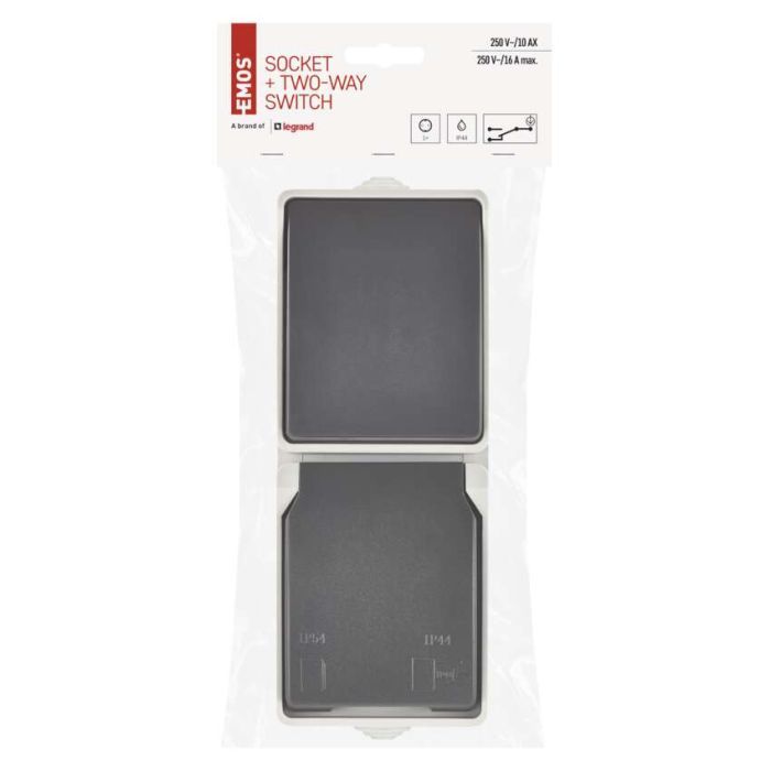 Розетка EMOS + вимикач прохідний вертикальний зовнішній сірий IP44 (A1396.4) изображение 4