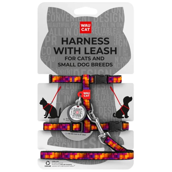 Шлей для кошек Waucat Nylon с QR паспортом "Кубы 3Д" пластиковый фастекс (329-4057)