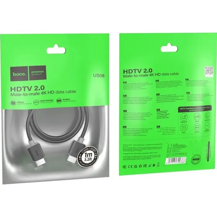 Кабель мультимедійний HDMI M to HDMI M 1.0m V2.0 4K black HOCO (6931474799388) зображення 8