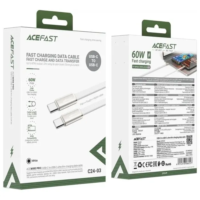 Дата кабель USB-C to USB-C 1.2m 60W 3A nylon white Acefast (6974316286257) изображение 5