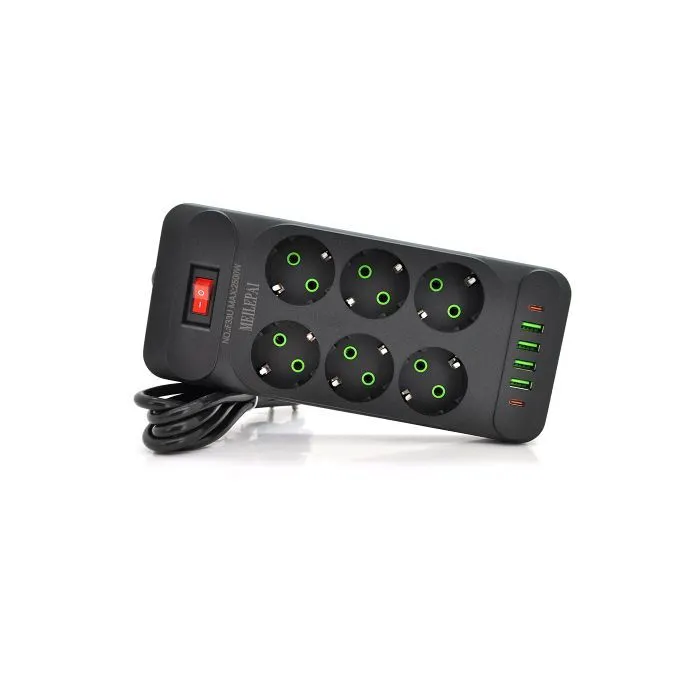 Сетевой фильтр питания Meilepai F33U, 6 роз EU, 4USB, 2PD Black (F33U-Black)