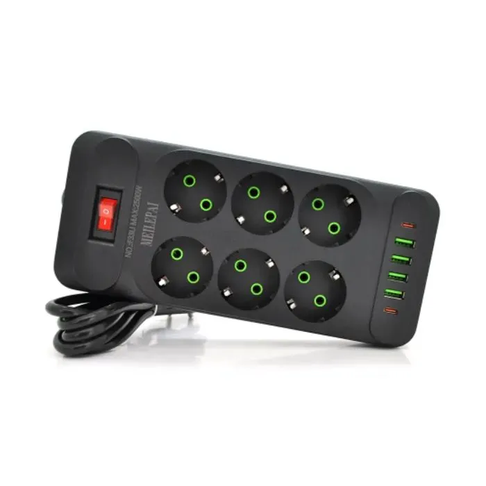 Сетевой фильтр питания Meilepai F33U, 6 роз EU, 4USB, 2PD Black (F33U-Black)