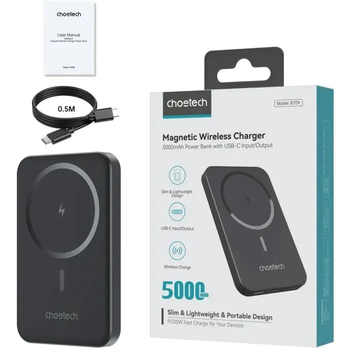 Батарея універсальна Choetech Magnetic Wireless 5000mAh, 20W, PD, Qi-15W, Black (B709-CCBK) зображення 3