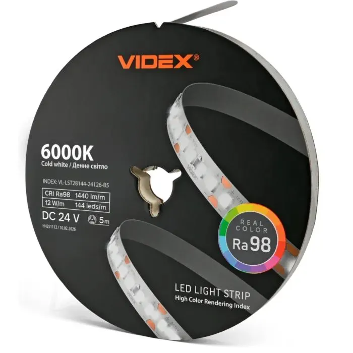Світлодіодна стрічка Videx DC24V 60W 5M 6000K Ra98 IP20 5м (VL-LST28144-24126-B5)