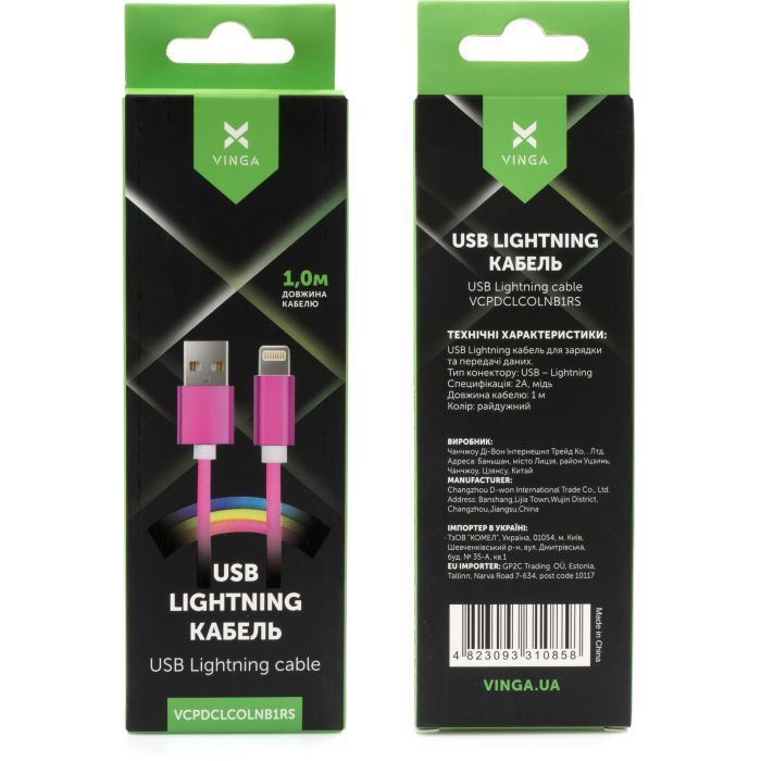 Дата кабель USB 2.0 AM to Lightning 1.0m rainbow nylon Vinga (VCPDCLCOLNB1RS) зображення 4