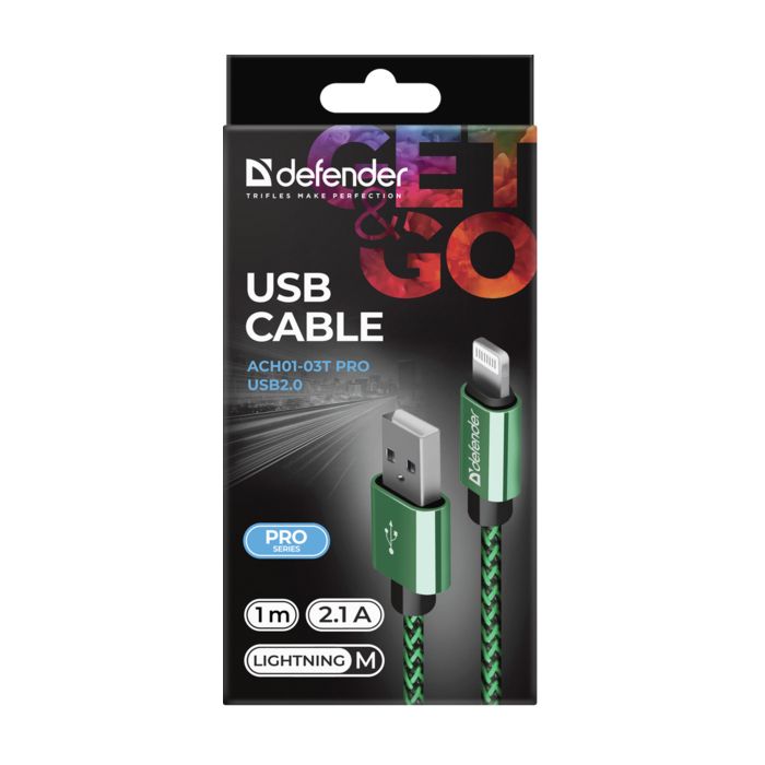 Дата кабель USB 2.0 AM to Lightning 1.0m ACH01-03T 2.1A green Defender (87810) изображение 3