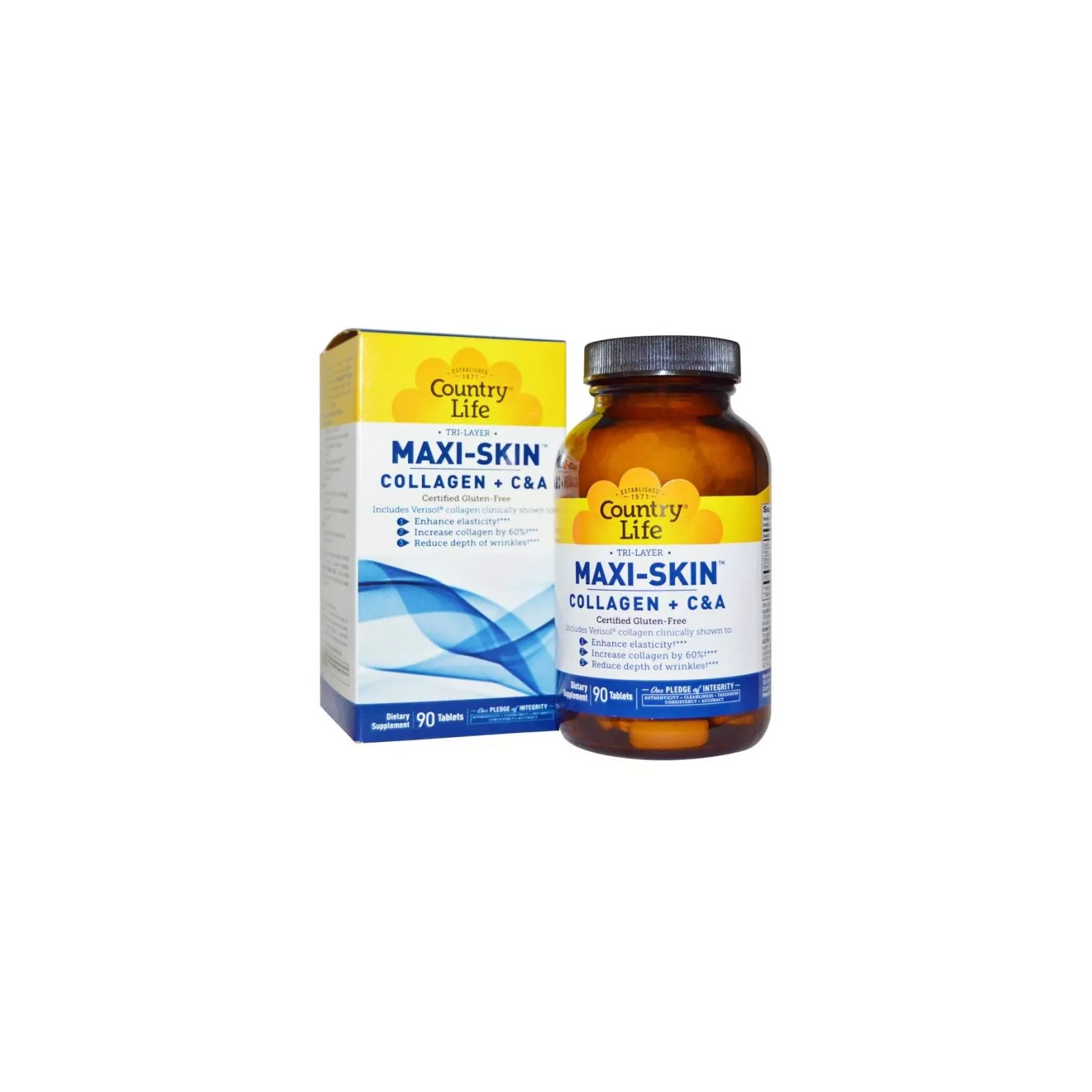 Витаминно-минеральный комплекс Country Life Коллаген + Витамины С&А, Maxi-Skin, 90 таблеток (CLF-05060)