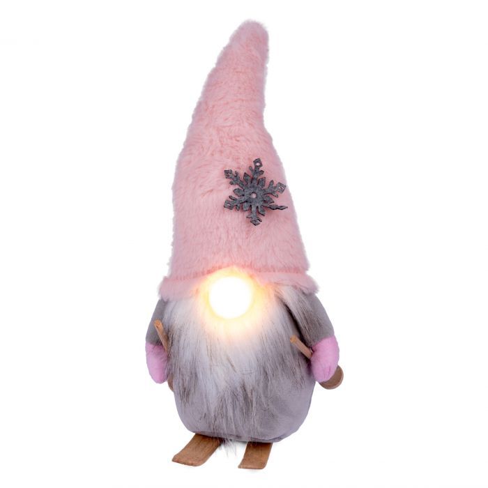 Новогодняя фигурка Novogod`ko Гном лыжник в розовом колпаке, 33 см, LED нос. (974633)