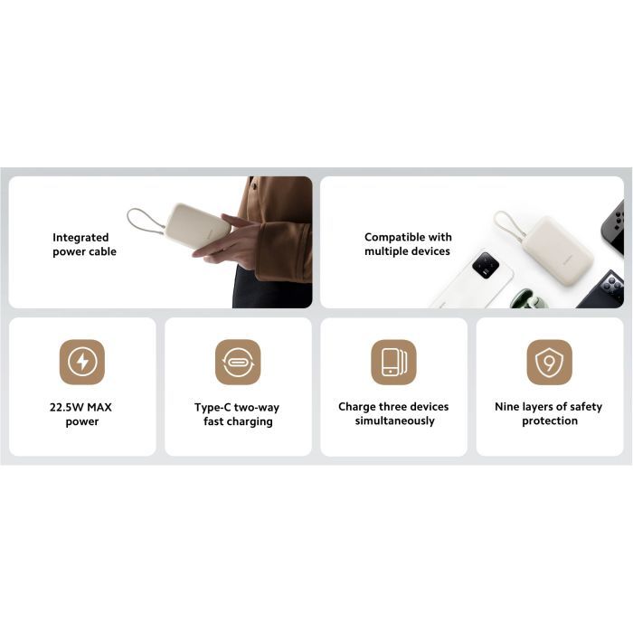 Батарея универсальная Xiaomi 10000mAh 22.5W, Integrated Cable, beige (BHR9072GL) изображение 7