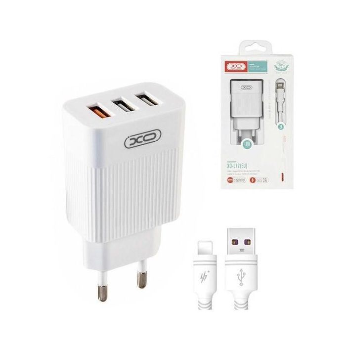 Зарядний пристрій XO QC 3.0 L72 30W (18W/1USB + 2.4A/2 USB) + cable Lightning White (XO-L72i-WH)