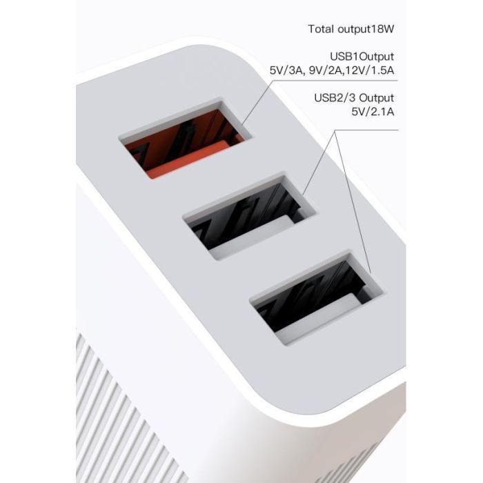 Зарядний пристрій XO QC 3.0 L72 30W (18W/1USB + 2.4A/2 USB) + cable Lightning White (XO-L72i-WH) зображення 3