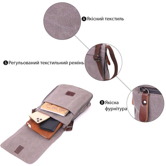 Сумка Vintage Мужская из текстиля Серая (21266) изображение 4