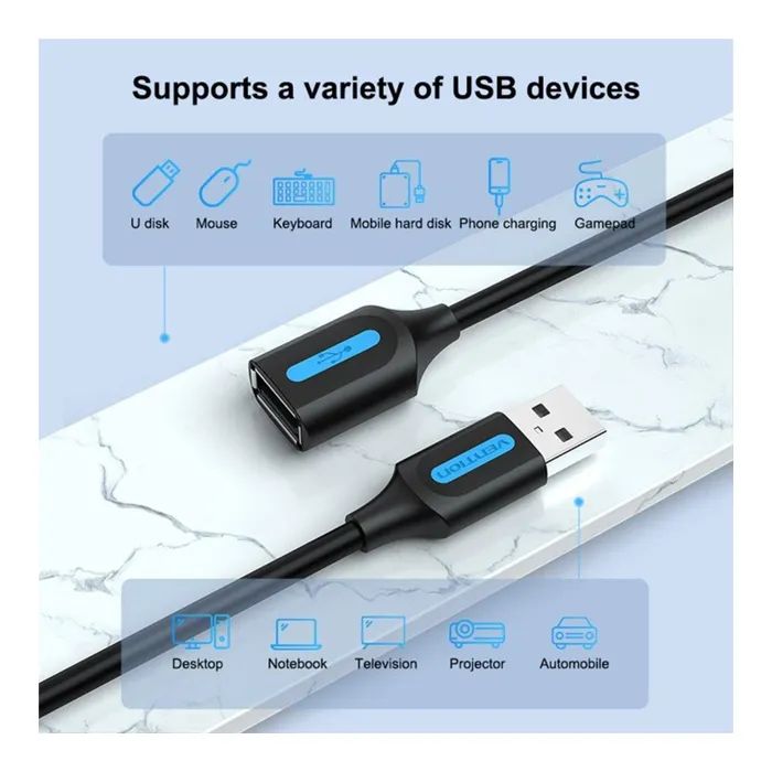 Дата кабель USB 2.0 AM/AF 1.5m black Vention (CBIBG) изображение 4