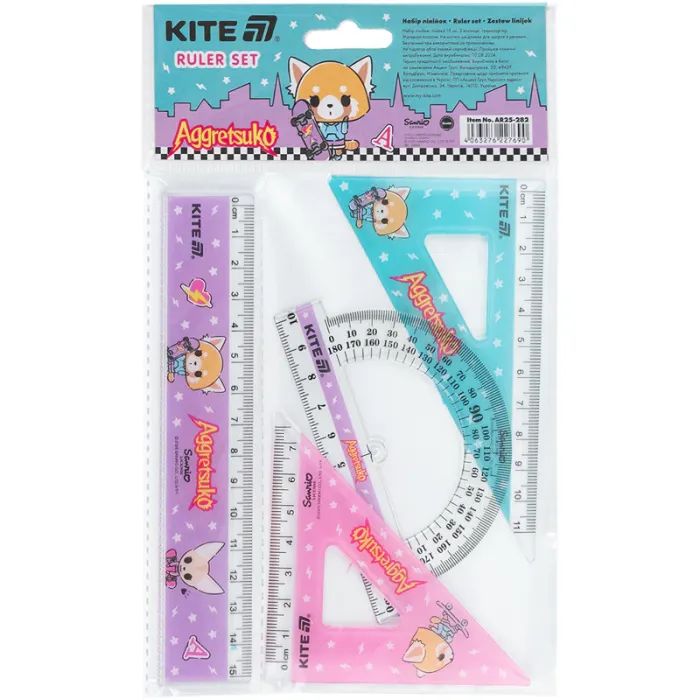 Линейка Kite набор: линейка 15 см, 2 угольника, транспортир Aggretsuko (AR25-282) изображение 2