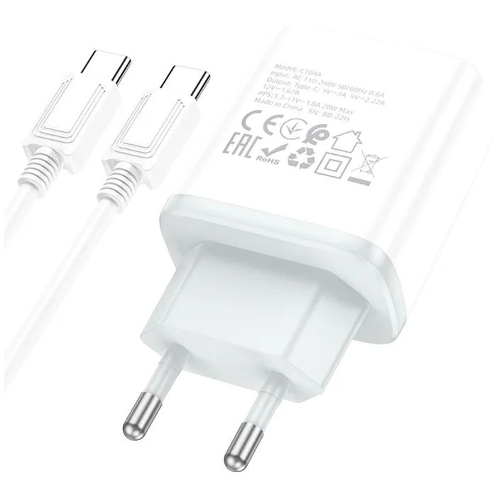 Зарядное устройство HOCO C104A USB-C PD20W + cable USB-C to USB-C white (6931474782915) изображение 5