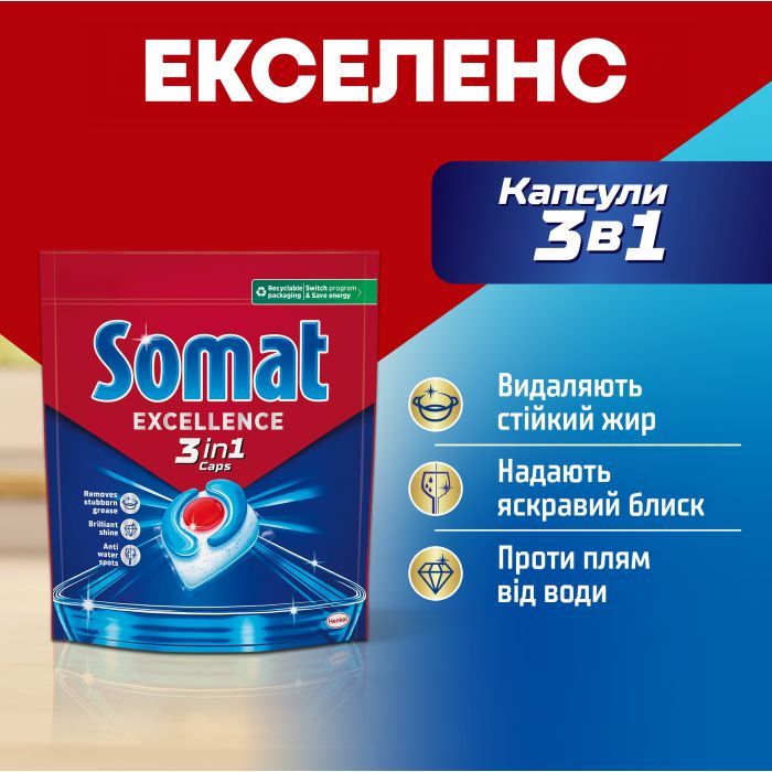Таблетки для посудомоечных машин Somat Excellence 3-in-1 70 шт. (9000101832044) изображение 2