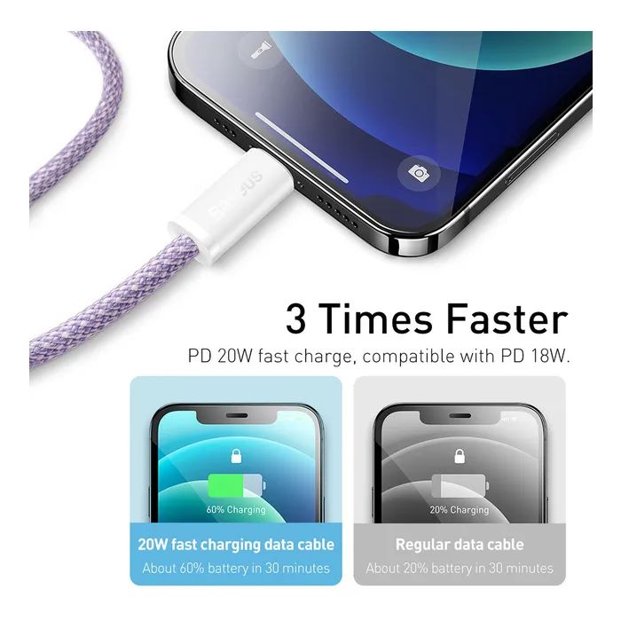 Дата кабель USB-C to Lightning 2.0m 20W purple Baseus (CALD000105) изображение 3
