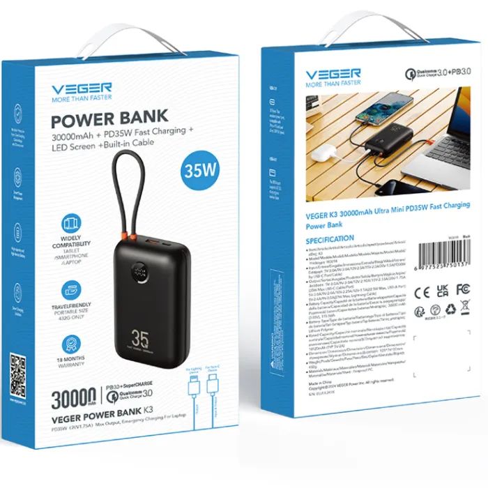 Батарея універсальна VEGER 30000mAh K3 35W PD QC3.0 black (6977525750137) зображення 5