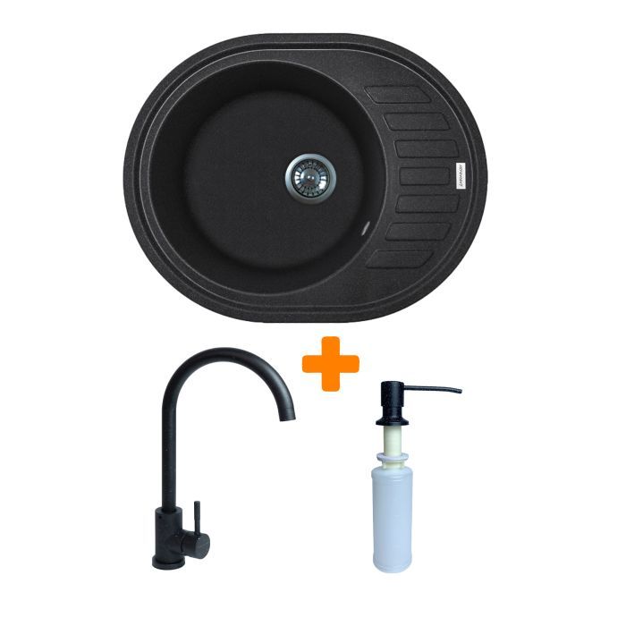 Мийка кухонна Adamant Ovum чорний + змішувач + дозатор (1824296900403)