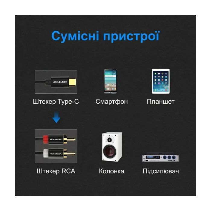 Кабель мультимедійний USB-C M to 2xRCA M 1.5m black Vention (BGDBG) зображення 8