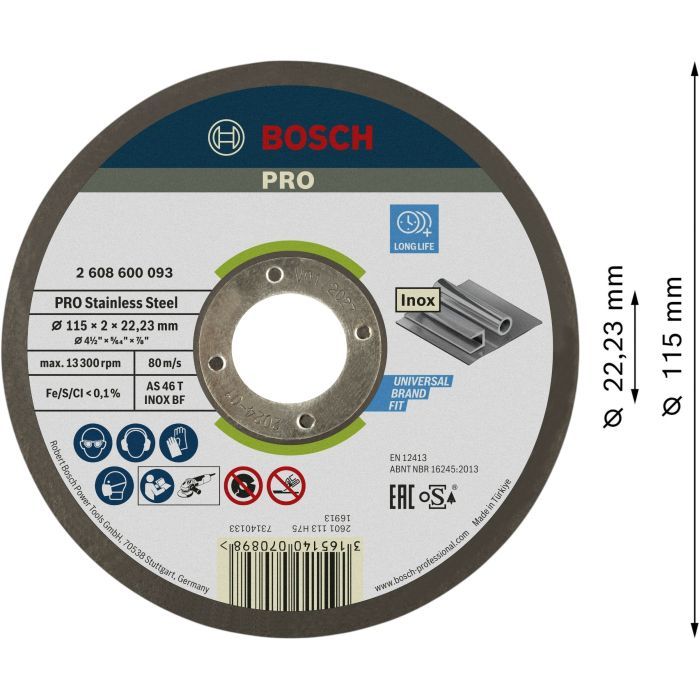Круг отрезной Bosch Professional, для нержавеющей стали, 115×2×22.23 мм (2.608.600.093) изображение 3