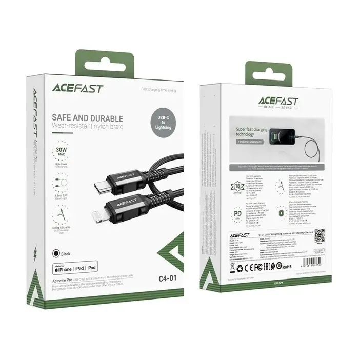 Дата кабель USB-C to Lightning 1.8m 30W 3A nylon black Acefast (6974316281306) изображение 5