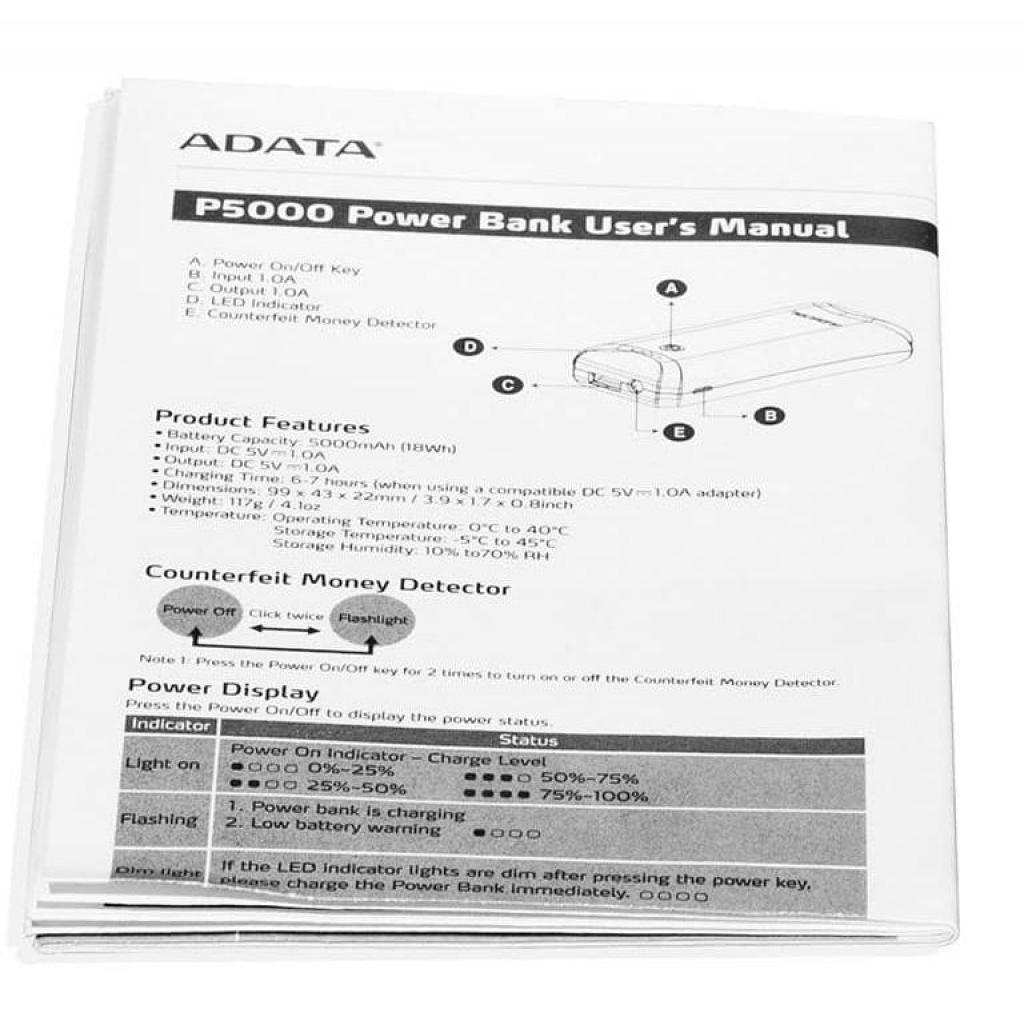 Батарея універсальна ADATA P5000 Black (5000mAh, 5V*1A, cable) (AP5000-USBA-CBK) зображення 6
