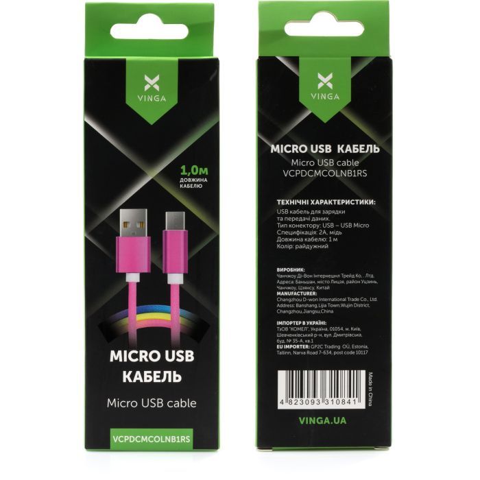 Дата кабель USB 2.0 AM to Micro 5P 1.0m rainbow nylon Vinga (VCPDCMCOLNB1RS) изображение 4