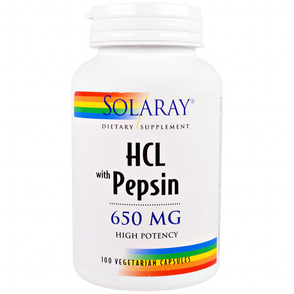 Пробиотики Solaray Бетаин HCL и Пеппсин, HCL with Pepsin, 650 мг, 100 вегетари (SOR-04814)