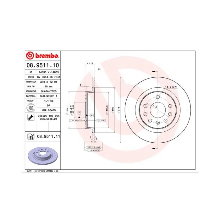 Тормозной диск Brembo 08.9511.10