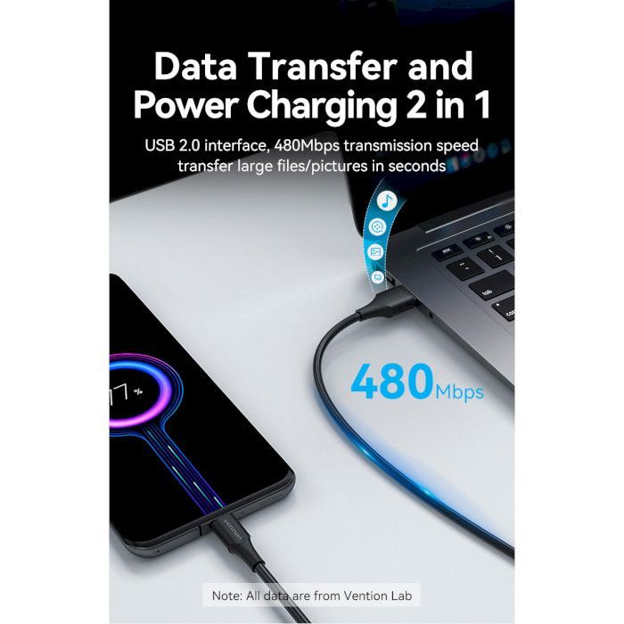 Дата кабель USB 2.0 AM to USB-C 3.0m 3.0A (18W) PVC black Vention (CTHBI) изображение 5