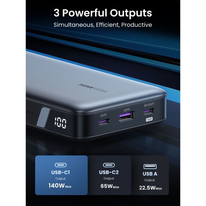 Батарея универсальная Ugreen 25000mAh 145W Two-way PD 3.1 grey (PB205) изображение 3