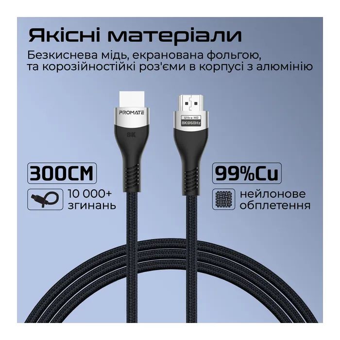Кабель мультимедийный HDMI to HDMI 3.0m v2.1 grey Promate (primelink8k-300.grey) изображение 3