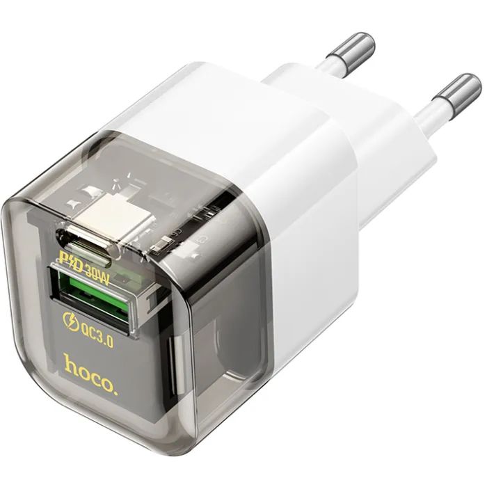 Зарядное устройство HOCO C131A USB-C PD30W + 1xUSB QC3.0 transparent black (6942007609821)