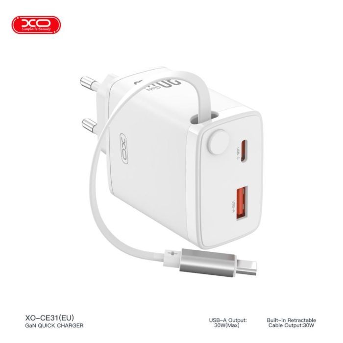 Зарядний пристрій XO 1xUSB-C + 1xUSB QC30W GaN + cable USB-C to USB-C white (XO-CE31) зображення 4 Зарядний пристрій XO 1xUSB-C + 1xUSB QC30W GaN + cable USB-C to USB-C white (XO-CE31) зображення 4